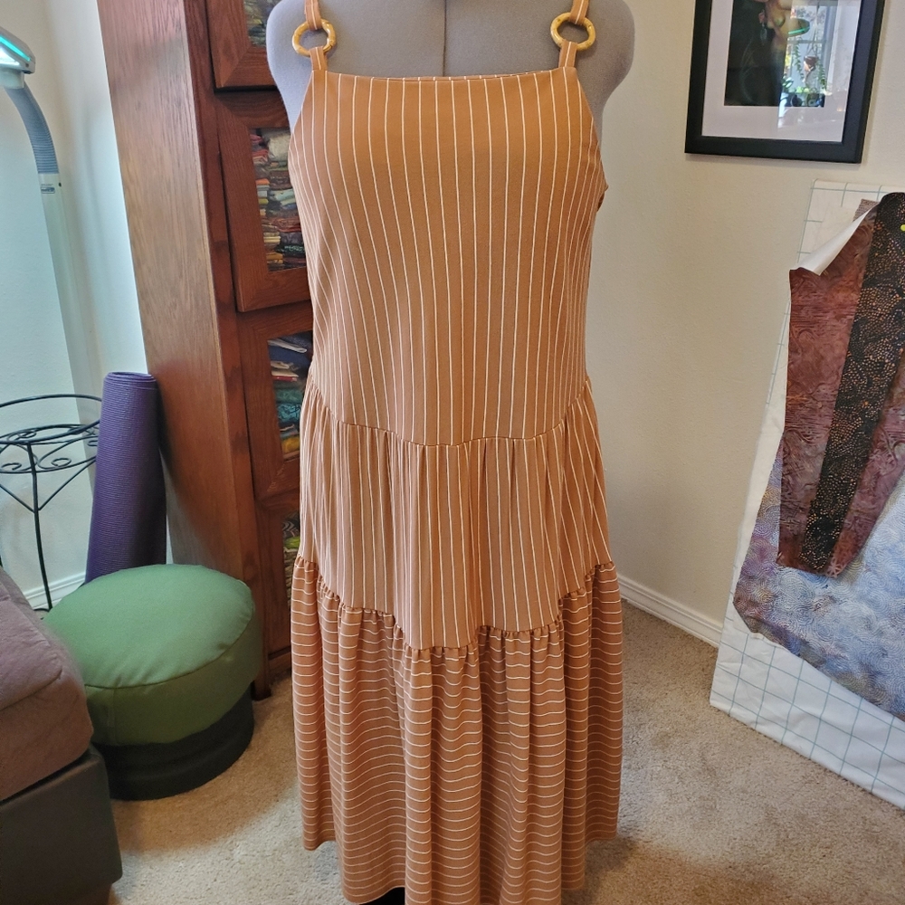 Topshop Striped Midi Dress in Tan and White